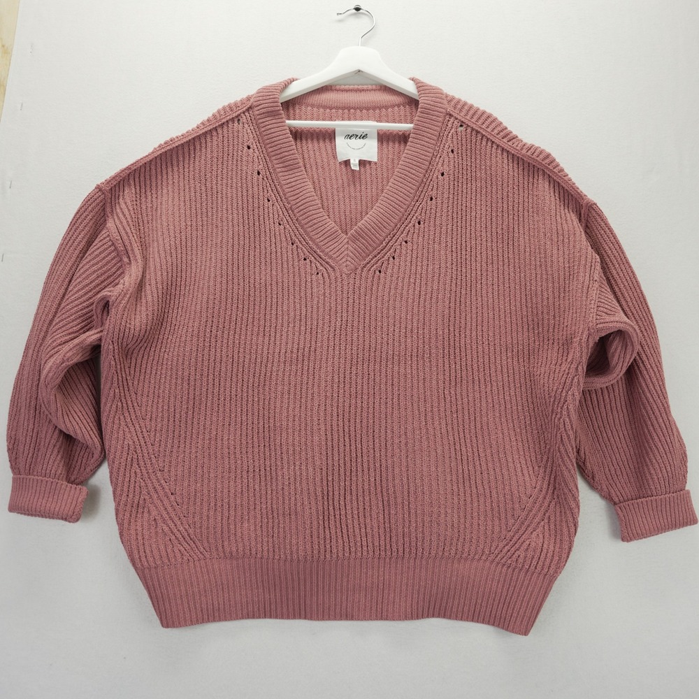 Aerie Beyond Chenille Oversized V-Neck Knit Sweater Pink XL Ribbed Pullover